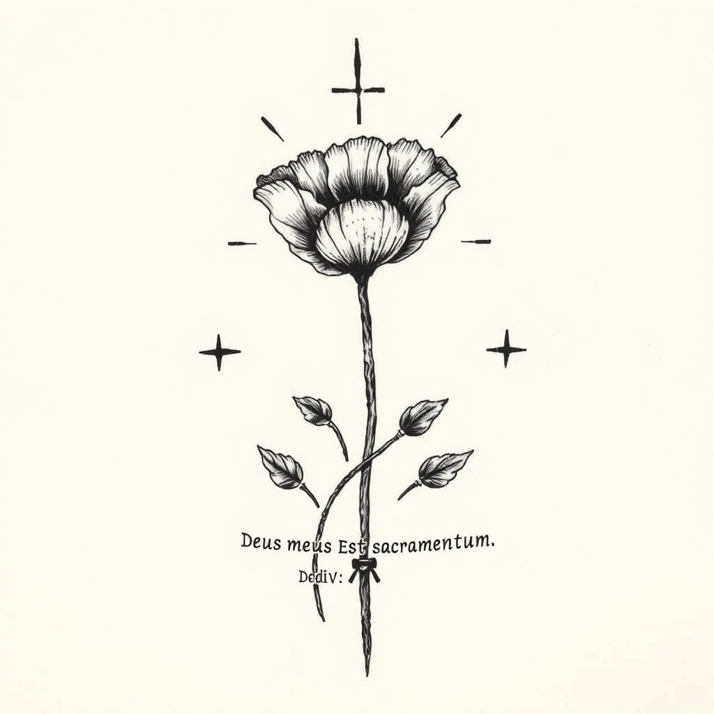 A tattoo design of XV: XI: MMXXI Isabella Poppy  deus meus est sacramentum, dedita deo  in the style of blackwork. - roman numerals memorial tattoo design generated by AI tattoo generator