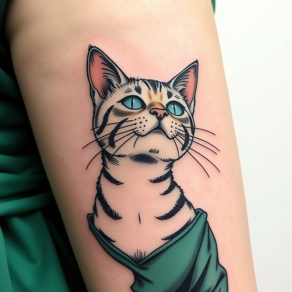 A tattoo design of a drawing of a cat in the style of kay nielsen, striped, theatrical gestures, aminollah rezaei, exquisite clothing detail, w. heath robinson, light gray and emerald in the style of minimalist. - cat tattoo tattoo design generated by AI tattoo generator