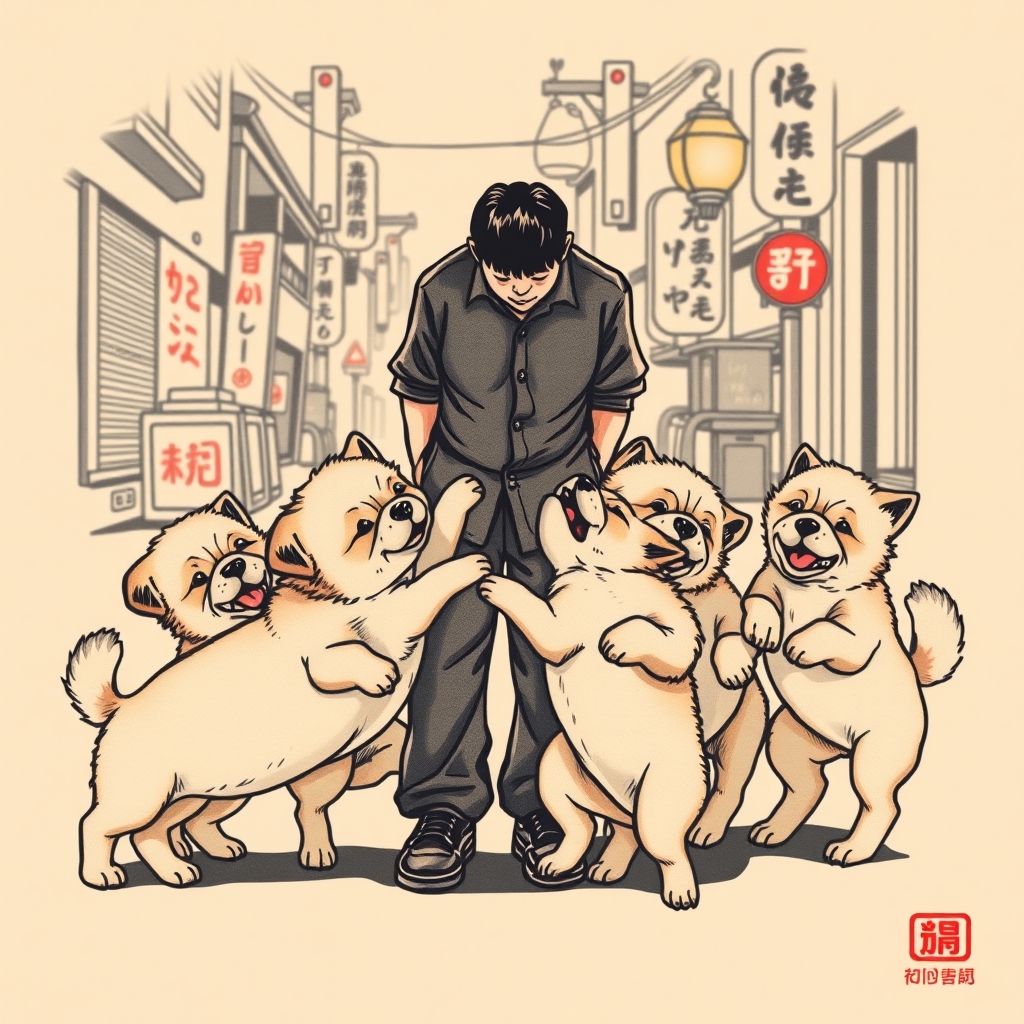 A tattoo design of Seven puppies playing with one man in street in the style of japanese. - animals tattoo design generated by AI tattoo generator