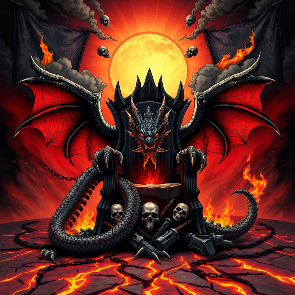 A tattoo design of 1. Throne of the Infernal King Layer 1 – Main silhouette: Central dragon coiled around the obsidian throne; wide wings folded like torn tapestries. Outstretched claws gripping the throne arms. Tail wrapped around the base. Layer 2 – Inner details: Scales with alternating patterns: jagged armor plates, cracked molten stone. Glowing eyes, flared nostrils, flame tongue forked like a serpent. The throne itself: cracked, skull-embedded, weapons melted into its base. Layer 3 – Background composition: Cracked earth beneath the throne with smoke tendrils rising. War banners behind — ripped cloth patterns with sigils. Distant sun eclipsed with jagged rays or ash clouds radiating outward. Layer 4 – Texture & embellishments: Lava veins on the floor, glowing effect lines. Flame wisps in S-curves with small screaming skulls subtly hidden in the smoke. Chains, scratches, and claw marks around the throne. in the style of minimalist. - dark fantasy tattoo design generated by AI tattoo generator