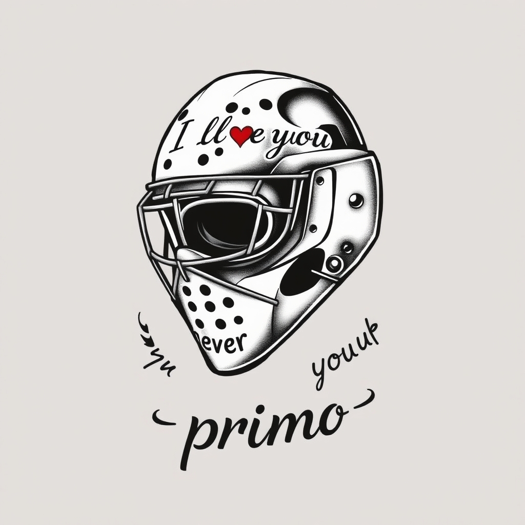A tattoo design of Bernie parent goalie mask with the phrase " I love you" " never give up " and the name " primo " in the style of realistic. - sports tattoo design generated by AI tattoo generator