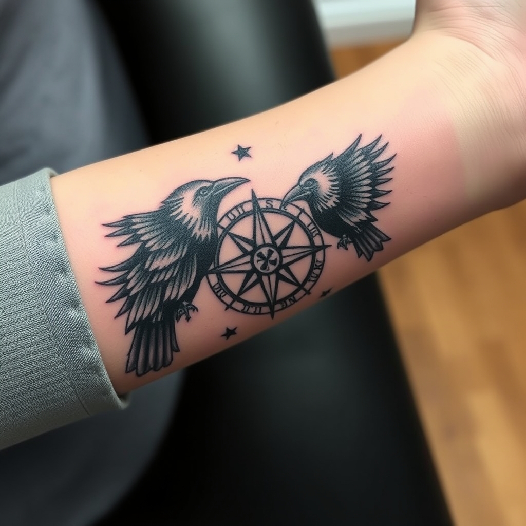A tattoo design of feminine, odins ravens, yggdrasil, viking compass add a little red  Down my arm onto my wrist in the style of abstract. - norse mythology tattoo design generated by AI tattoo generator