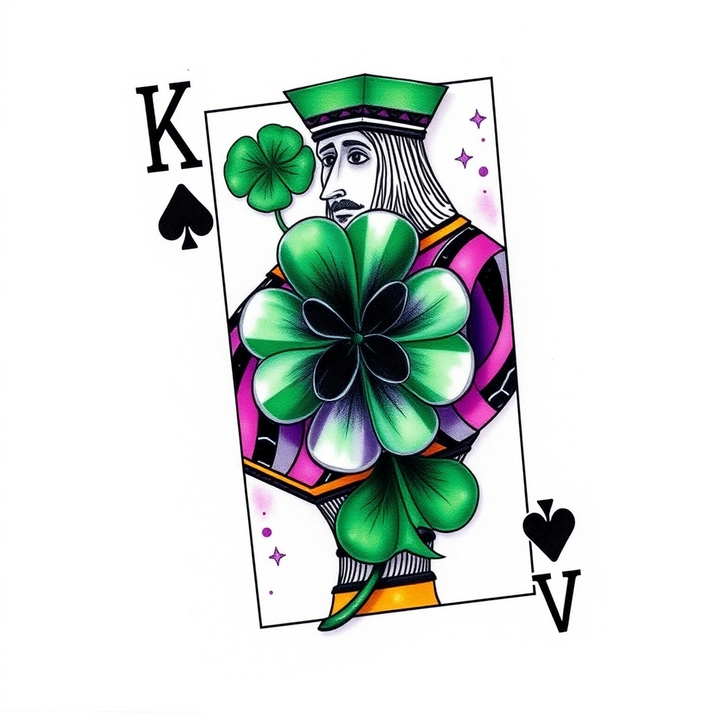 A tattoo design of I would like a 3d photo realistic playing card, the king of 4 leaf clovers, with black, green, and purple ink, maybe some white ink for highlighting. NO red ink. in the style of watercolor. - playing card tattoo design generated by AI tattoo generator