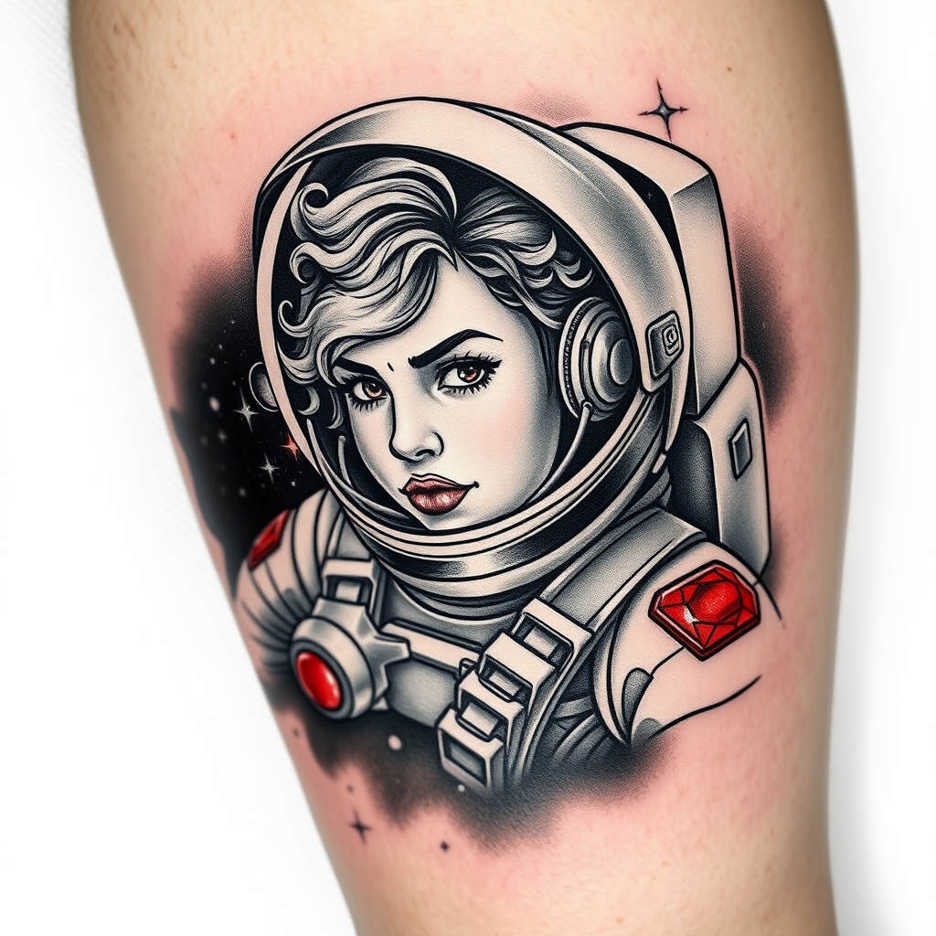 A tattoo design of Photorealistic black and grey space themed tattoo of light curly-haired strong female traveling through space. A bright red ruby, being the only color in yhe tattoo, shines red on her space suit. Include a Houston, Texas reference if possible.  in the style of realistic. - space travel tattoo design generated by AI tattoo generator