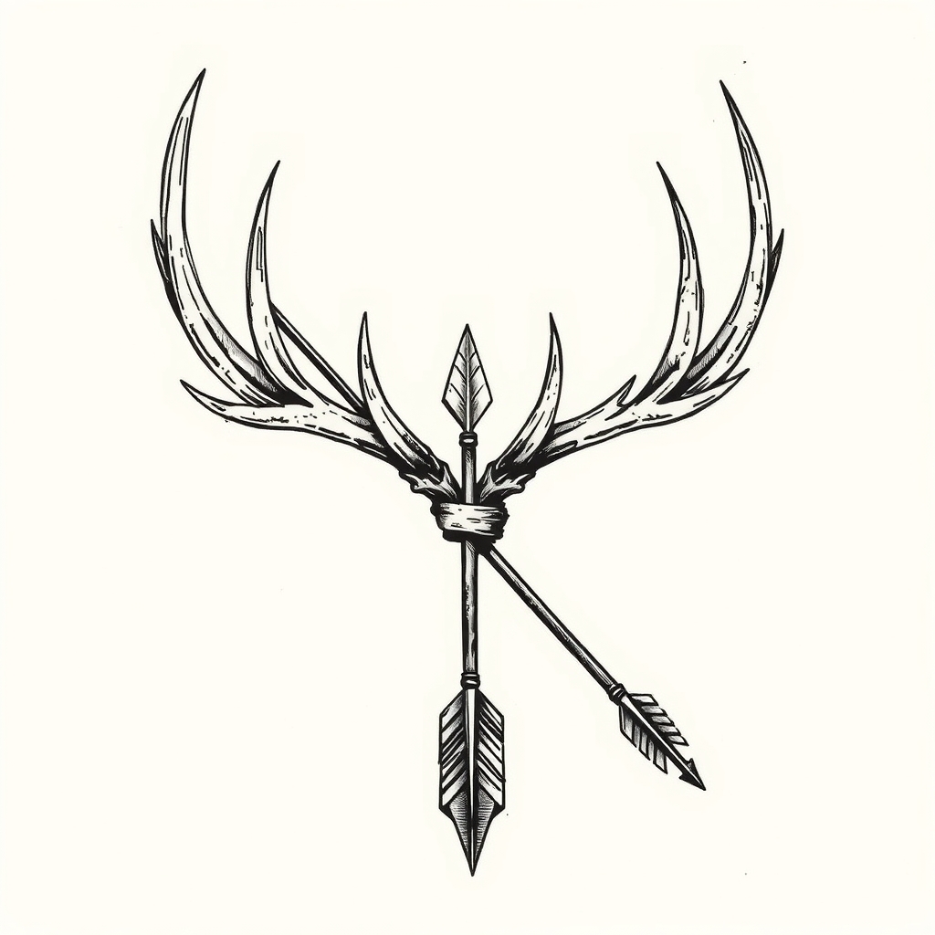 A tattoo design of elk antler wrapped around an arrow in the style of realistic. - wildlife hunting tattoo design generated by AI tattoo generator