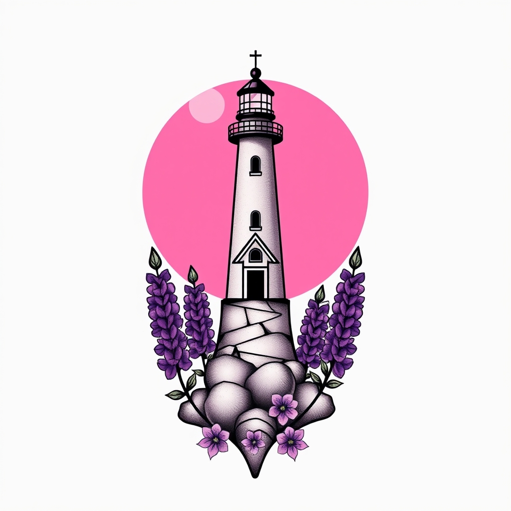 A tattoo design of lighthouse beside a chapel with a pink moon an purple lupines in the style of geometric. - landscape tattoo design generated by AI tattoo generator