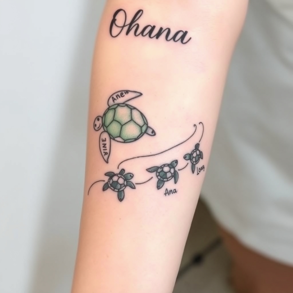 A tattoo design of I want a custom forearm tattoo featuring a momma sea turtle and three baby turtles, inspired by the characters from Finding Nemo—cute, rounded, with expressive features. At the top of the design, near my elbow, I want the word ‘Ohana’ in a script that curves around my arm slightly. The momma turtle will lead the way, and behind her, the three baby turtles will swim in a flowing line toward my wrist. I’d like a stream of water that weaves between and around all the turtles to connect them, giving it movement and a sense of journey. The names Ana, Logan, and Baylee should be placed just beside each baby turtle—not on the shells—and written in a delicate script font. For colors, I prefer a limited palette: muted seafoam and olive greens for the turtles, light teal or watercolor blue for the stream, and sandy beige or soft gray for the names and ‘Ohana.’ The overall style should feel soft and elegant with fine lines, but still playful like the turtles in Finding Nemo. It should flow naturally with the shape of my right forearm in the style of japanese. - sea turtles tattoo design generated by AI tattoo generator