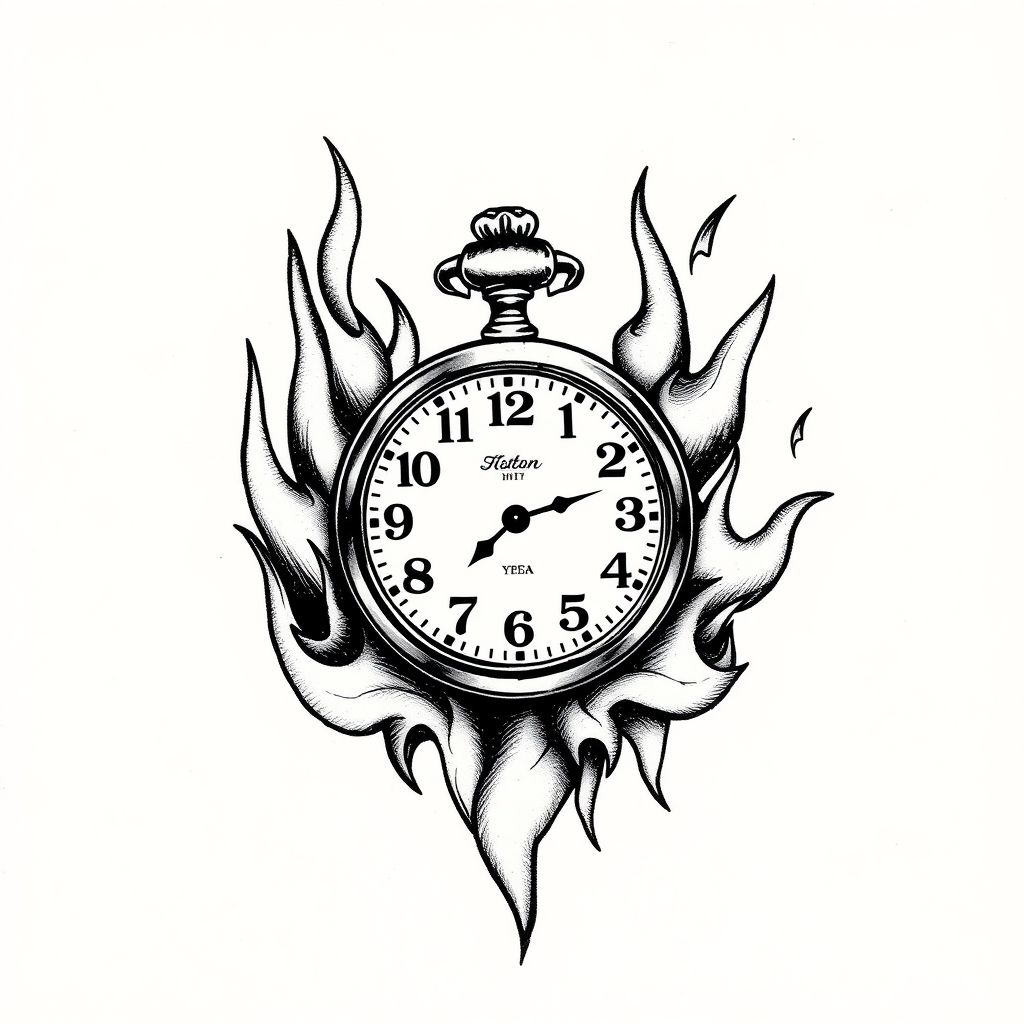 A tattoo design of vintage pocket watch on flames in the style of blackwork. - timepiece fire tattoo design generated by AI tattoo generator