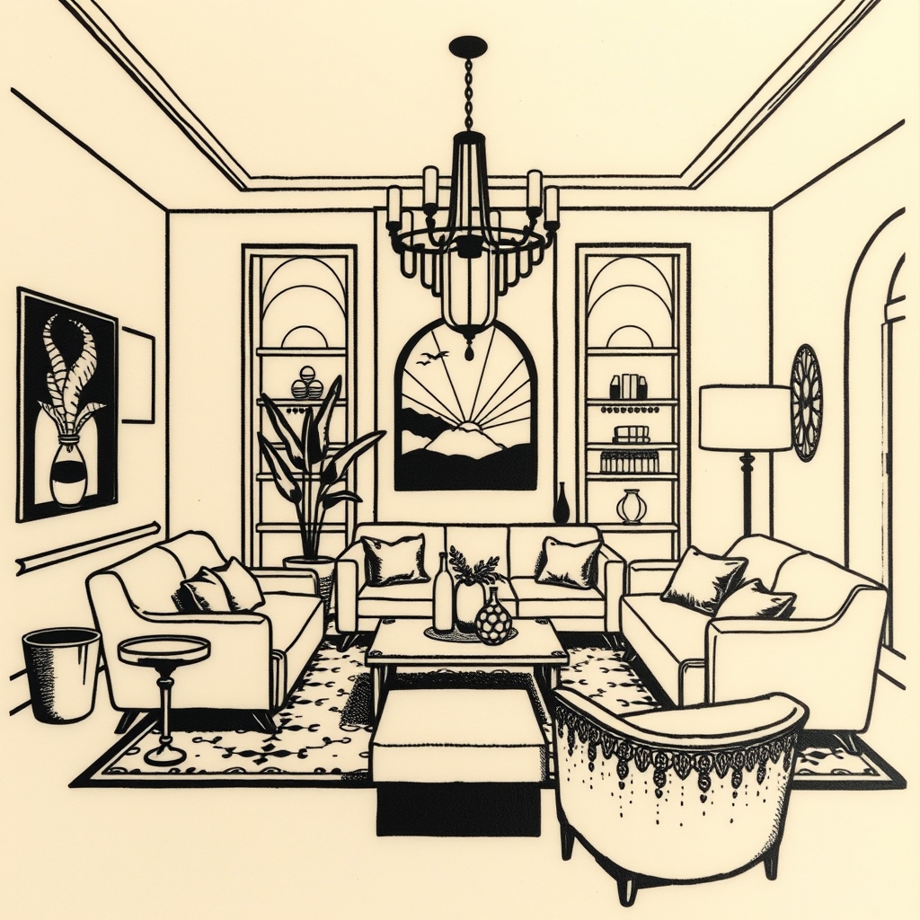 A tattoo design of A livingroom, art deco, by Romaine Brooks in the style of minimalist. - art deco tattoo design generated by AI tattoo generator