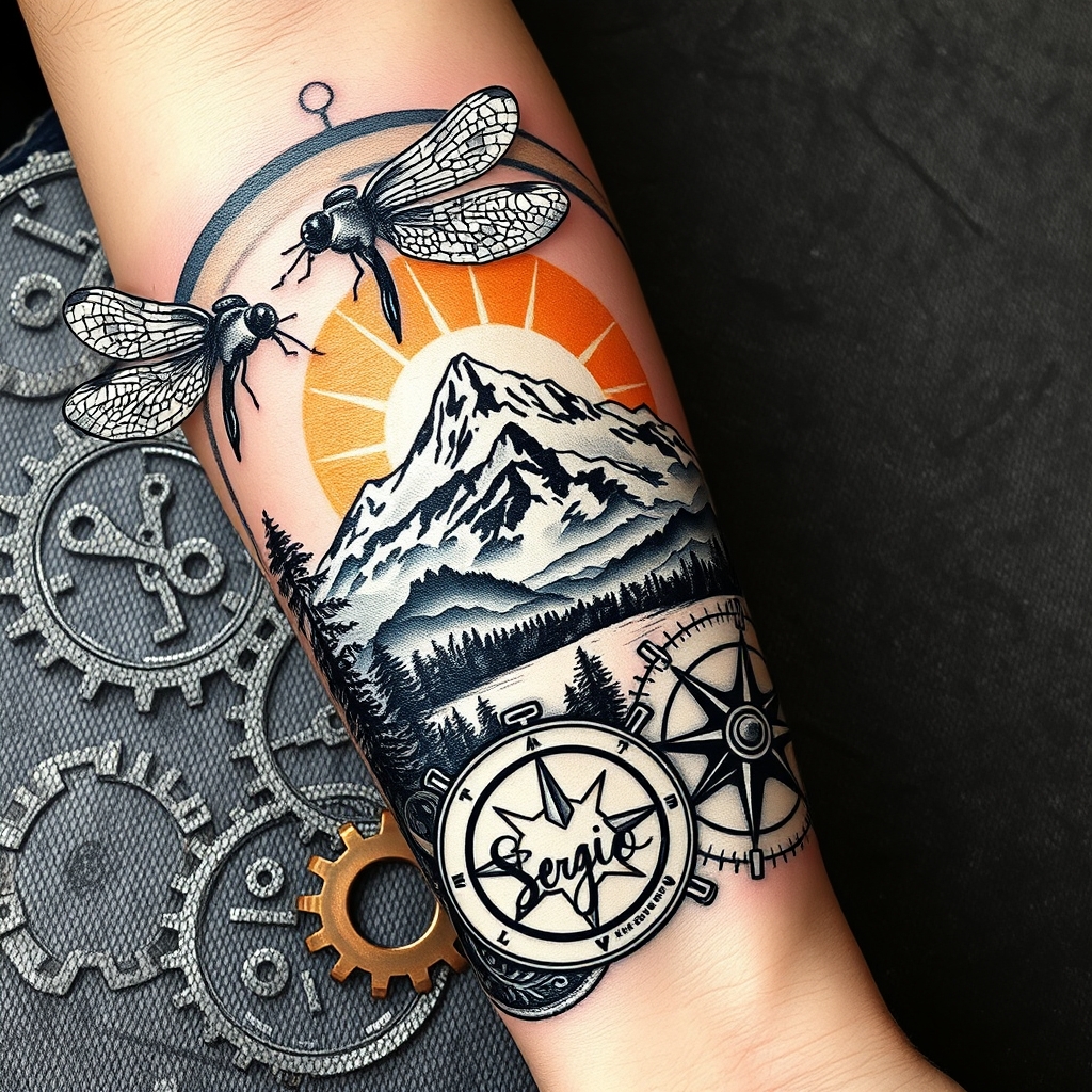 A tattoo design of A steampunk-inspired tattoo designed for the forearm, featuring intricate brass and copper gears as the background. Three metallic dragonflies with mechanical wings fly across the composition. A majestic mountain range rises above a forest and lake labeled "Lake George." Behind the mountains, a glowing black and gray dog paw print acts as a radiant sun. A highly detailed compass sits closer to the wrist. Hidden subtly within the design, the name "Sergio" appears in childlike handwriting — etched into a tree trunk, blended in a gear, or hidden among sun rays. Tattoo is partially black and gray with accent colors of copper, brass, forest green, and light blue. A balance of steampunk, realism, and fine line art. in the style of realistic. - steampunk fantasy tattoo design generated by AI tattoo generator