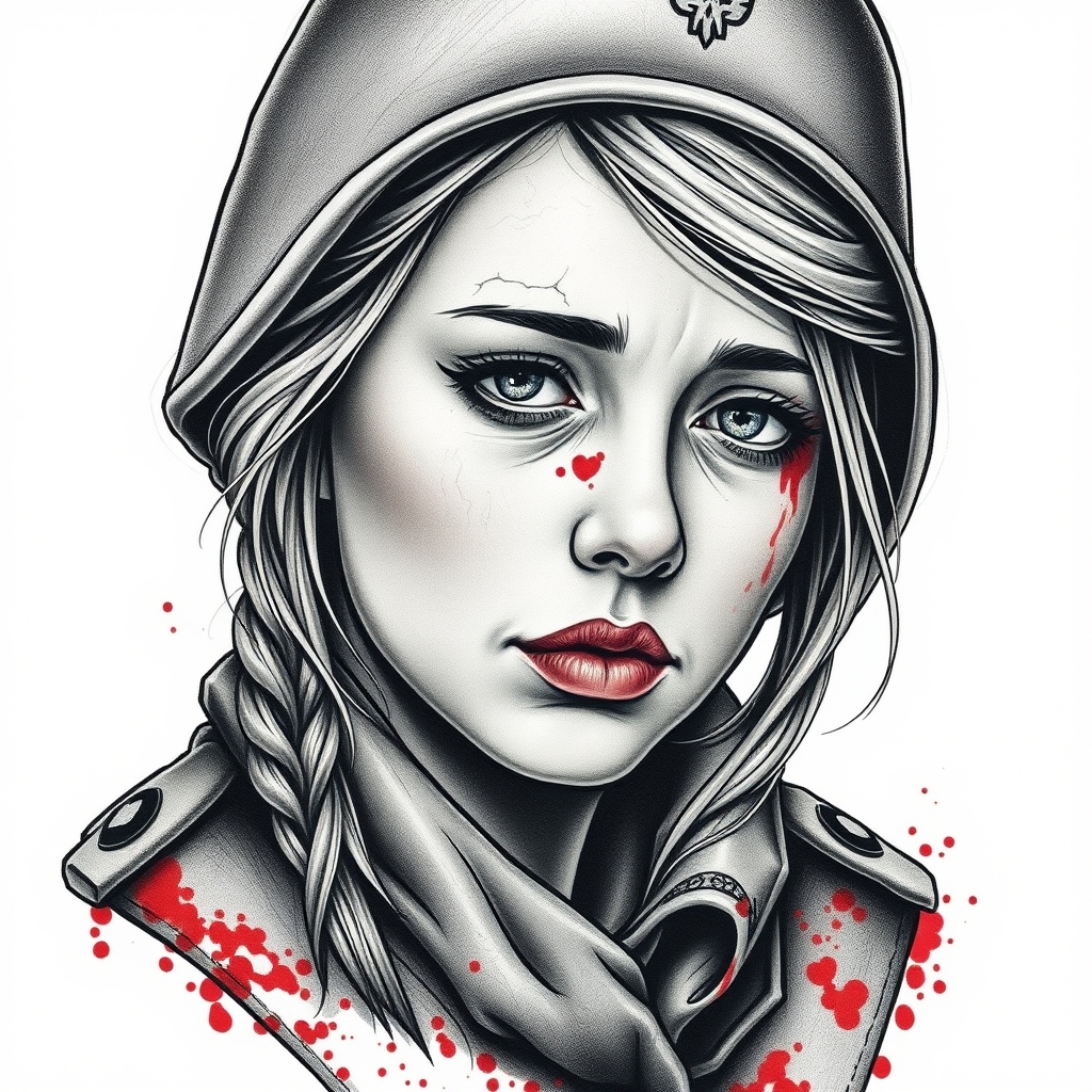 A tattoo design of Ukranian Soldier girl sad in the style of realistic. - ukrainian military tattoo design generated by AI tattoo generator