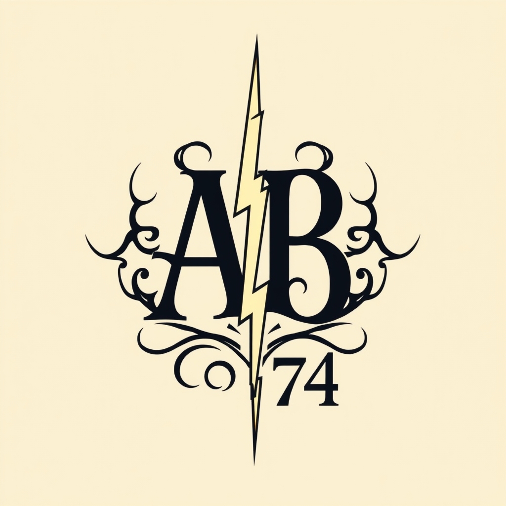 A tattoo design of Initials AB, year 74, lightning bolt in the style of tribal. - symbol tattoo design generated by AI tattoo generator