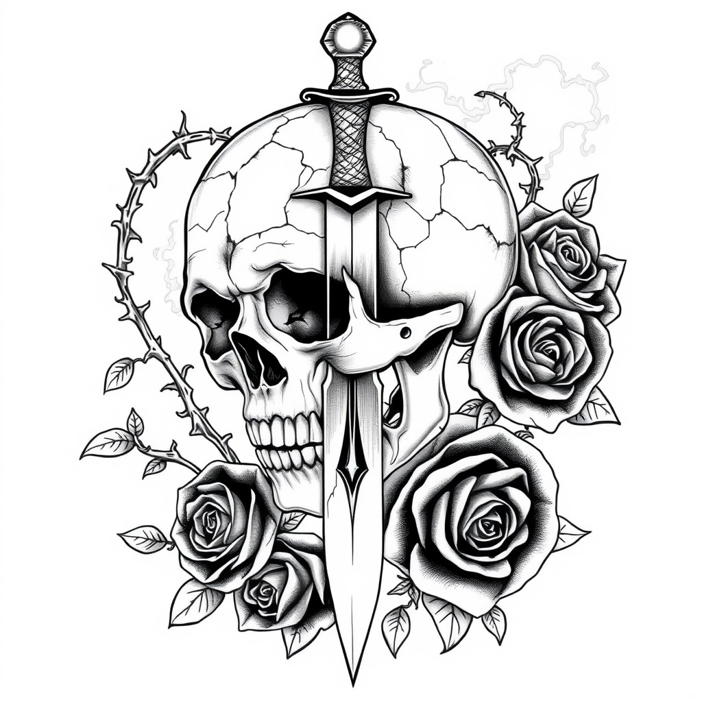 A tattoo design of “High-detail gothic black-and-white line art tattoo design centered on a cracked human skull pierced by an engraved dagger, surrounded by thorny vines and wilting black roses. The skull is rendered with fine crack lines, crosshatch shadows, and bold edges. The roses use a blackwork style with heavy line patterns, and smoky wisps drift from behind, giving the design eerie depth without using any color. There is room along the bottom edge to place a short quote. All components are crisp black ink only—no shading or color—perfectly formatted for adult coloring book pages in a gothic, dramatic theme.” in the style of realistic. - skull with dagger and roses tattoo design generated by AI tattoo generator