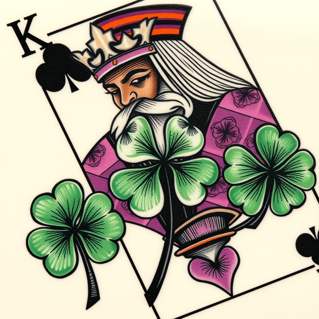 A tattoo design of I would like a 3 dimensional photo realistic playing card, an African American king of 4 leaf clovers, with black, green, and purple ink, maybe some white ink for highlighting. NO red ink. in the style of tribal. - playing card tattoo design generated by AI tattoo generator