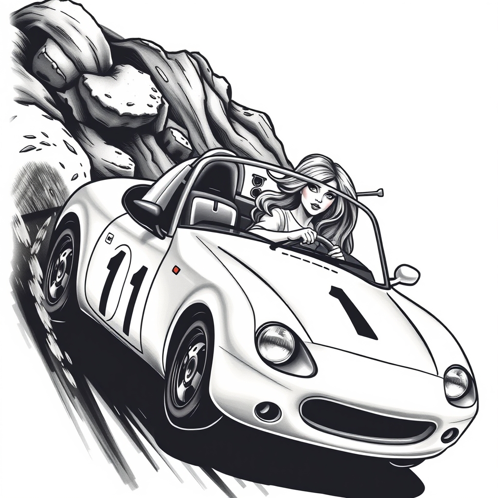 A tattoo design of White racing Miata number 1 with silver haired lady driving in the style of surrealistic. - car racing tattoo design generated by AI tattoo generator