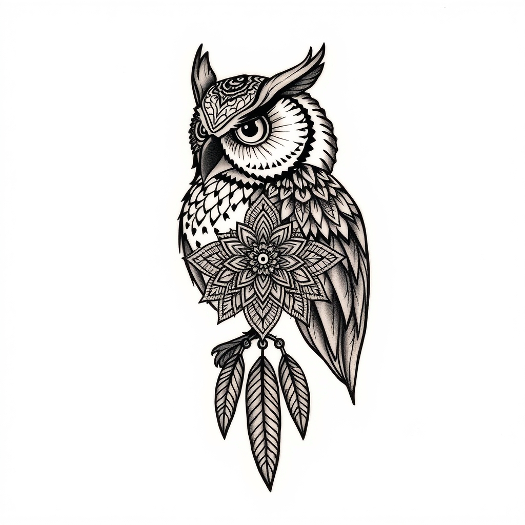 A tattoo design of Mandala owl cover up with feathers on side and bottom in the style of blackwork. - animal design tattoo design generated by AI tattoo generator