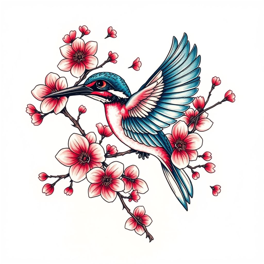 A tattoo design of Big quantities of cherry blossoms with flying kingfisher in the style of traditional. - flora and fauna tattoo design generated by AI tattoo generator