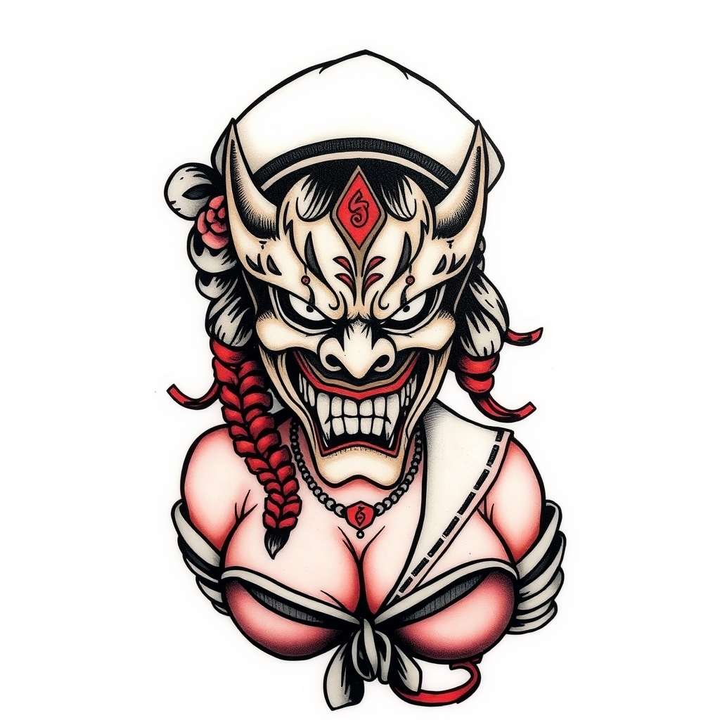 A tattoo design of Oni mask on a busty sailor Jerry girl in the style of traditional. - sailor jerry style tattoo design generated by AI tattoo generator