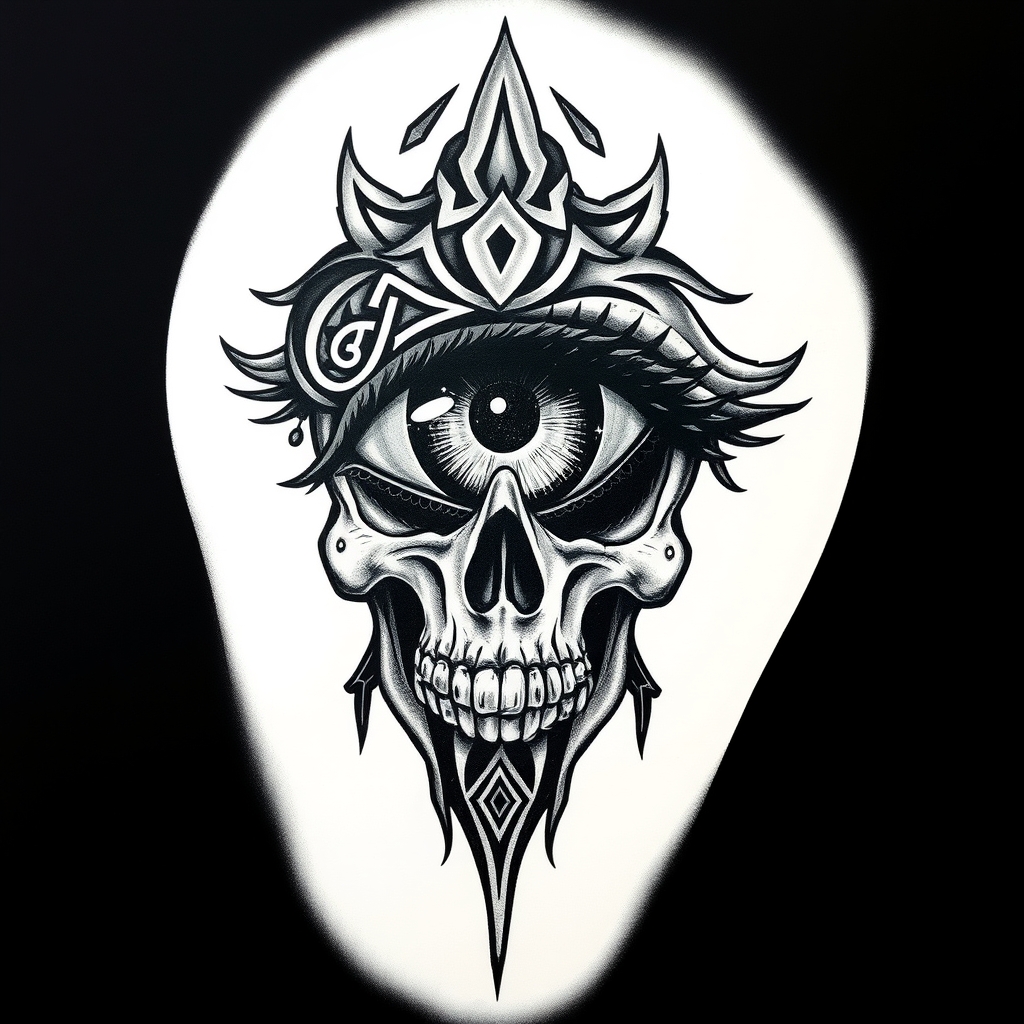 A tattoo design of Realistic eye with tribal and skull in the style of realistic. - skull tattoo design generated by AI tattoo generator