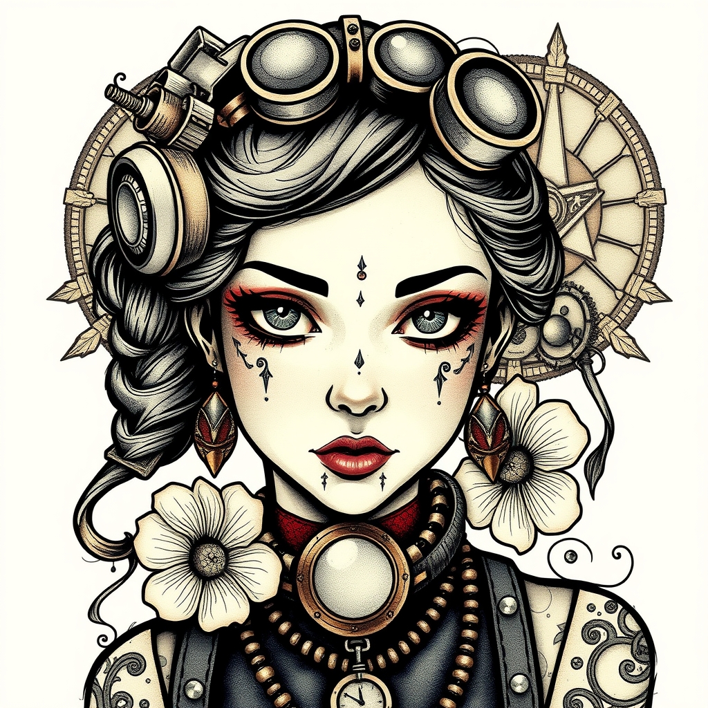 A tattoo design of Steampunk mysterius girl in the style of realistic. - steampunk tattoo design generated by AI tattoo generator