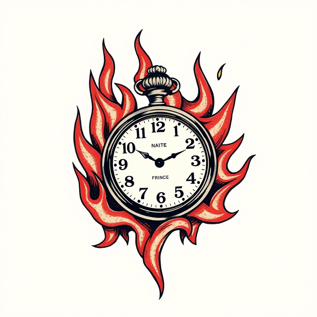 A tattoo design of vintage pocket watch on flames in the style of traditional. - time keeping tattoo design generated by AI tattoo generator