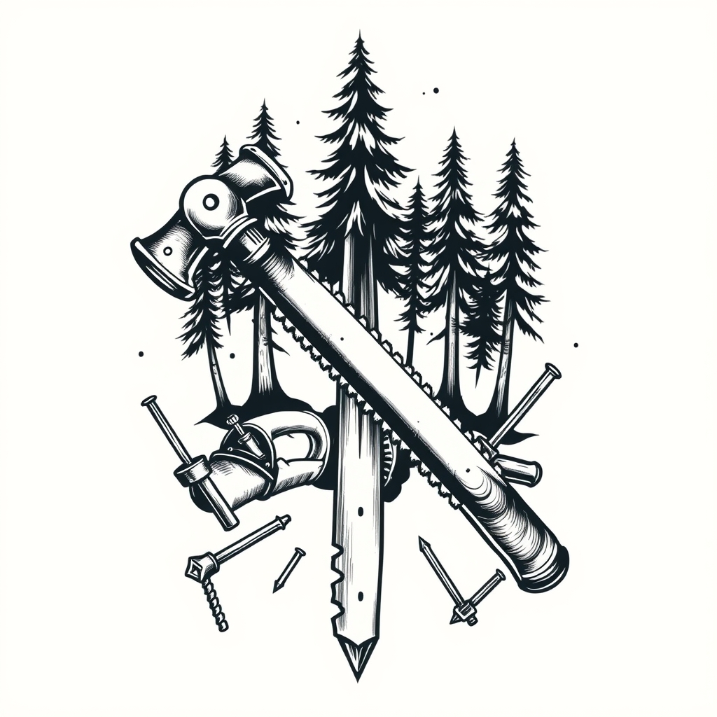 A tattoo design of Hammer, saw, sawblades, and nails with trees in the background in the style of blackwork. - tools and hardware tattoo design generated by AI tattoo generator