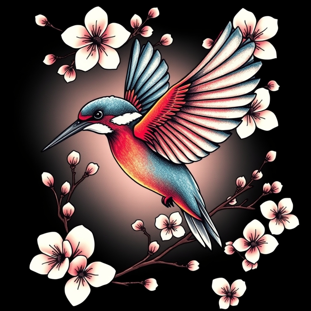 A tattoo design of Kingfisher in flight surrounded by cherry blossoms in colour in the style of blackwork. - birds and flowers tattoo design generated by AI tattoo generator