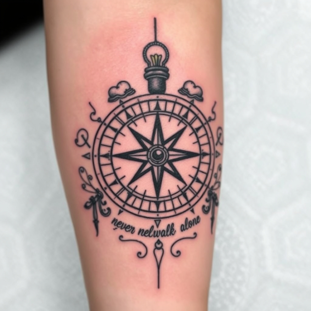 A tattoo design of Compass, you will never walk alone in the style of surrealistic. - compass tattoo design generated by AI tattoo generator