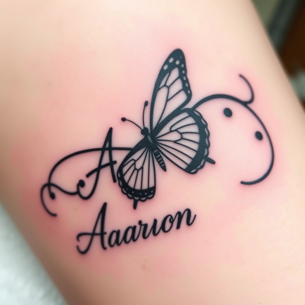 A tattoo design of Infinity symbol with the name Aaron butterfly in the style of blackwork. - symbol with name tattoo design generated by AI tattoo generator