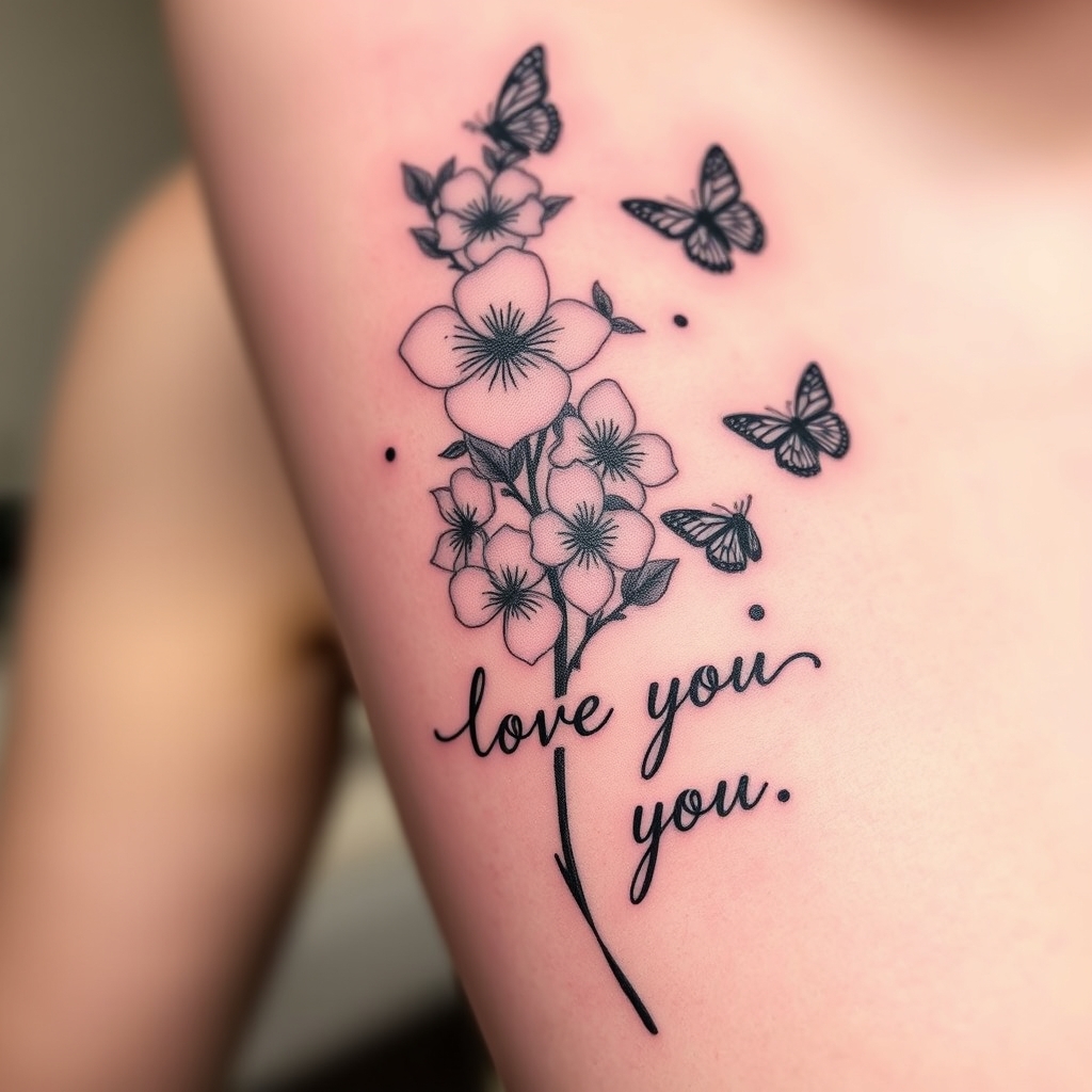 A tattoo design of Bloomed Larkspur with very little butterflies with I love you in cursive in the style of abstract. - flowers and butterflies tattoo design generated by AI tattoo generator