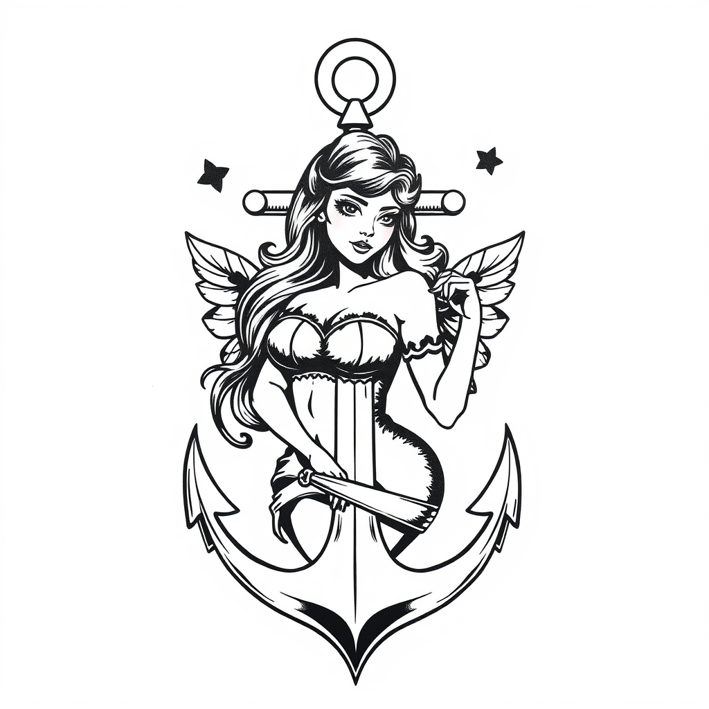 A tattoo design of pinup girl anchor vintage tattoo on white background in the style of blackwork. - pinup girl tattoo design generated by AI tattoo generator