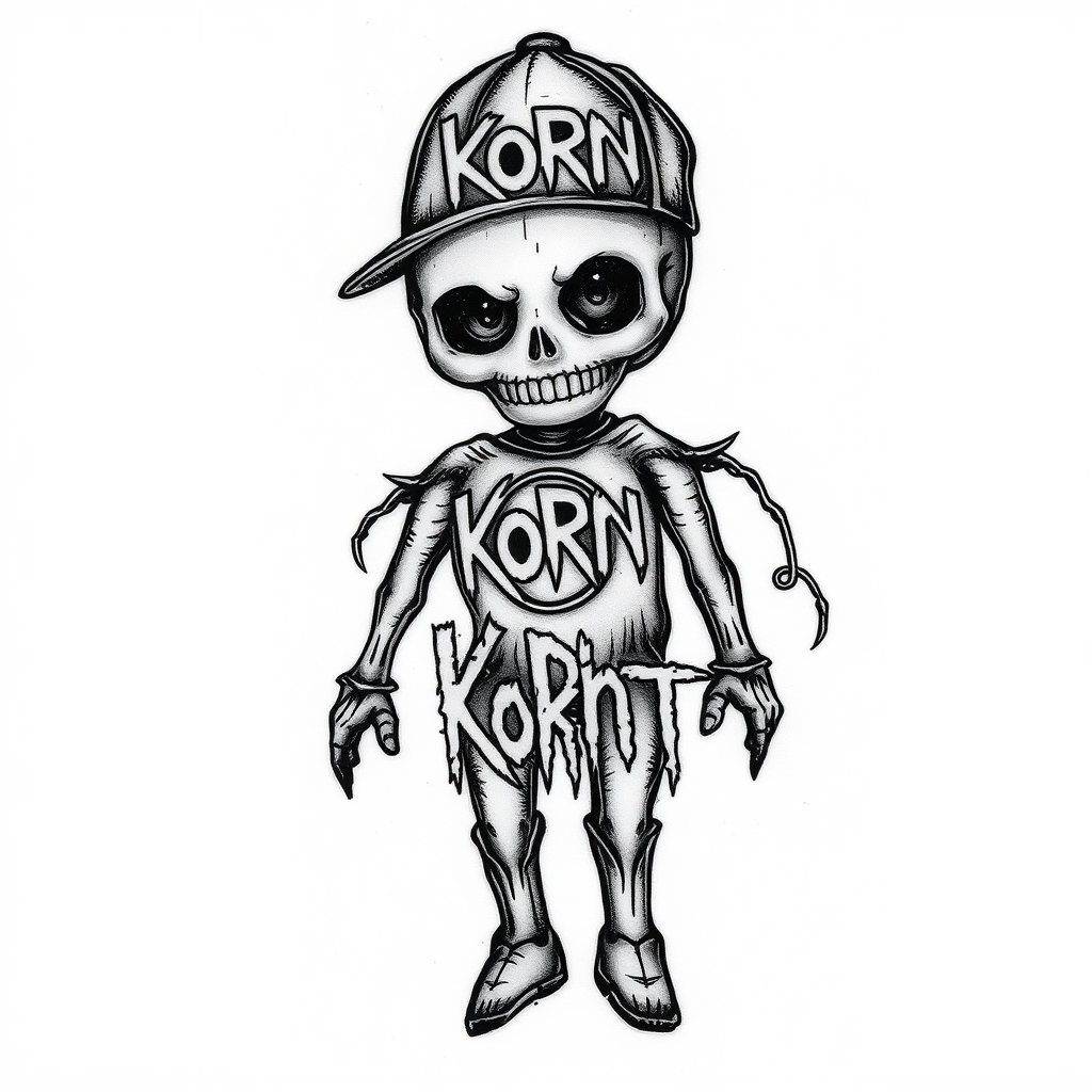 A tattoo design of Korn voodoo doll with linkin park logo written on and Slipknot logo and a limp bizkit cap on its head in the style of blackwork. - nu metal bands tattoo design generated by AI tattoo generator