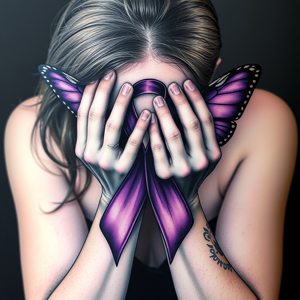 A tattoo design of Domestic violence ribbon awareness inclined together with a purple butterfly as a women hunched over her hands overing her face in the style of surrealistic. - domestic violence awareness tattoo design generated by AI tattoo generator