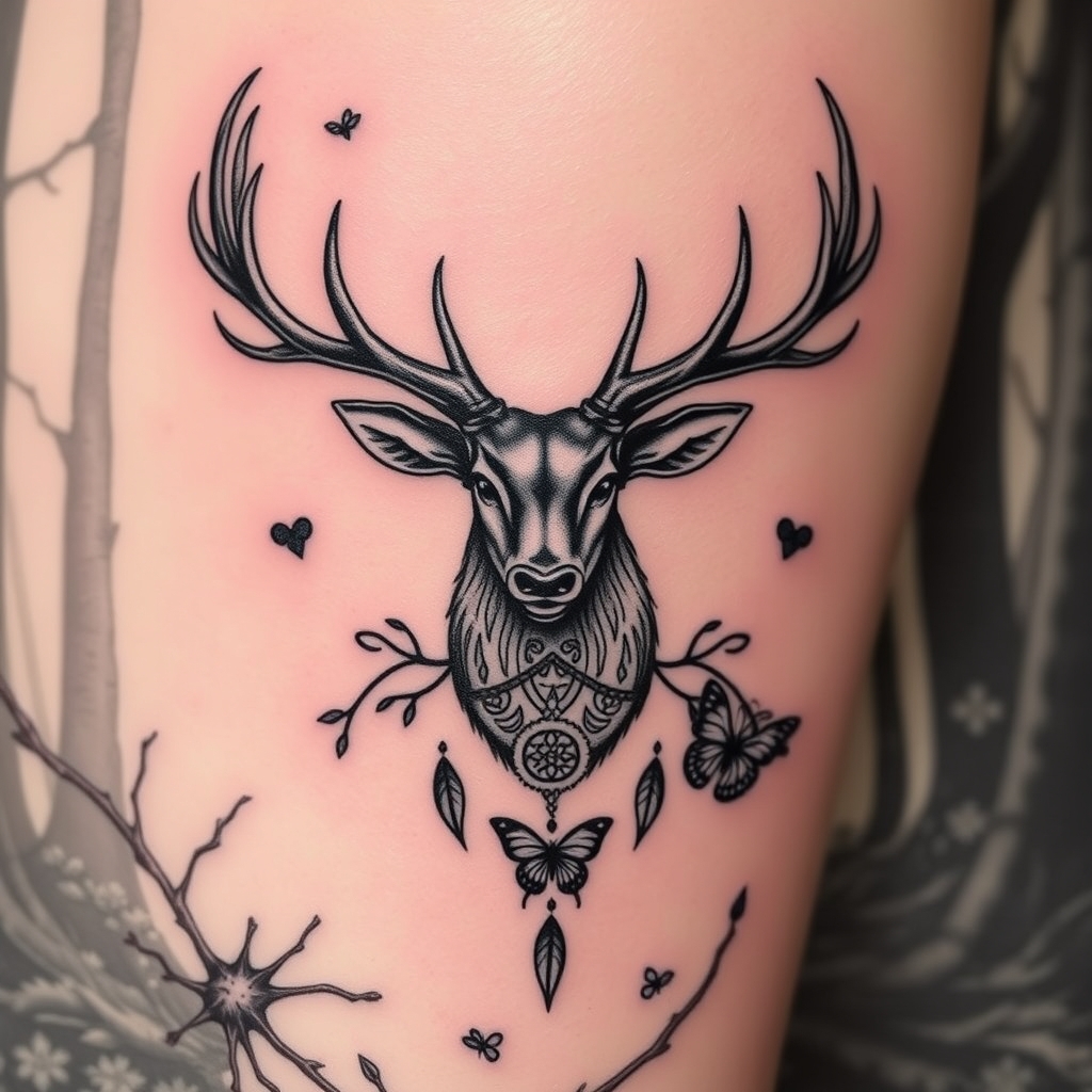 A tattoo design of a majestic Stag with Celtic symbolism - Triskeles and Claddagh. Positioned in a forested area where there is thorny branches, fallen feathers and butterflys present. looking to symbolise growth, and strength following periods of shame, regret and a mental health issues following a difficult time in my life. in the style of minimalist. - wildlife mythology tattoo design generated by AI tattoo generator