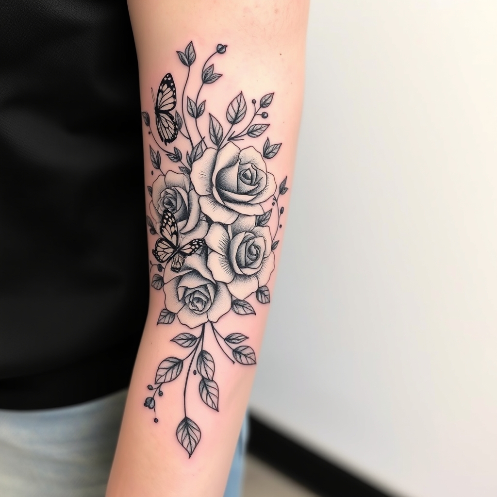 A tattoo design of A nice full half sleeve tattoo on the upper arm with a lot of rose's, butterfly's and minimalist vine leafs. All in black with fine line and one butterfly on top of the elbow in the style of blackwork. - floral nature tattoo design generated by AI tattoo generator