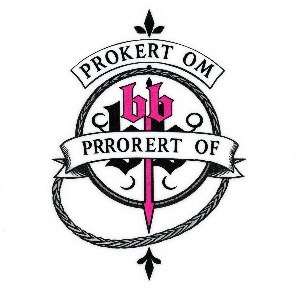 A tattoo design of Cuckold symbol.  Black and pink are the colors. Name is bb.  Says PROPERTY OF MQ.  A whip is shown.   in the style of traditional. - cuckold symbol tattoo design generated by AI tattoo generator