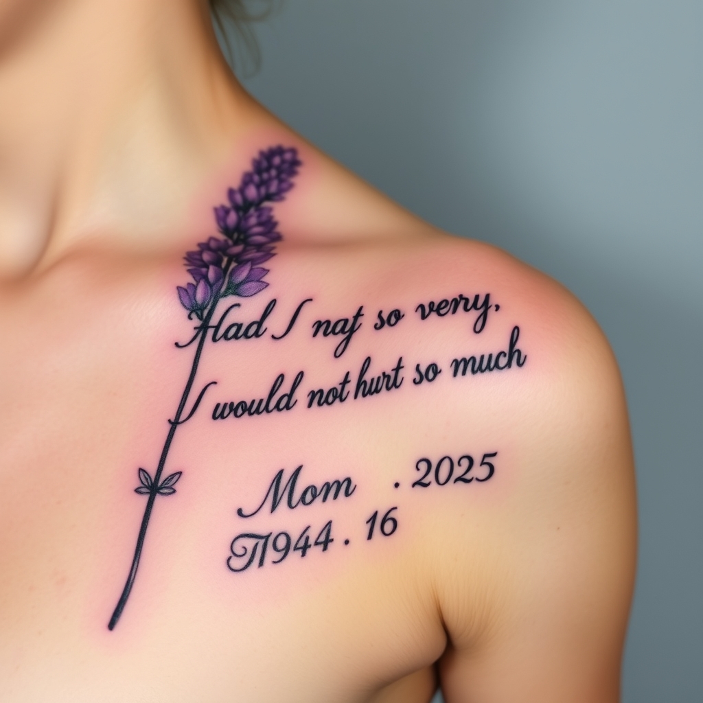 A tattoo design of right shoulder blade tattoo. Lavender with the words Had I not loved so very much, I would not hurt so much in cursive. Mom 1964-2025 underneath in serif  in the style of tribal. - memorial quote tattoo design generated by AI tattoo generator