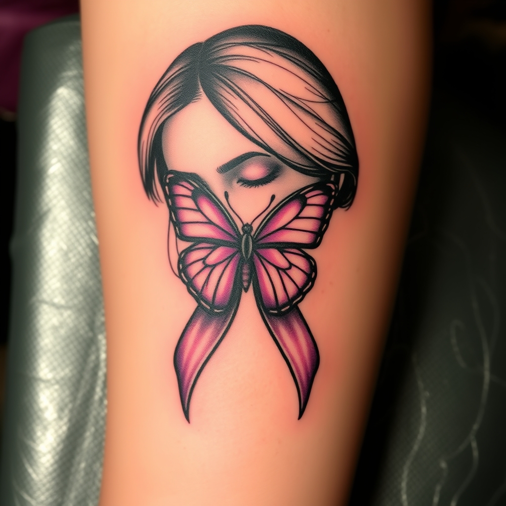 A tattoo design of Domestic violence ribbon awareness inclined together with a purple butterfly as a women hunched over her hands overing her face in the style of blackwork. - domestic violence awareness tattoo design generated by AI tattoo generator