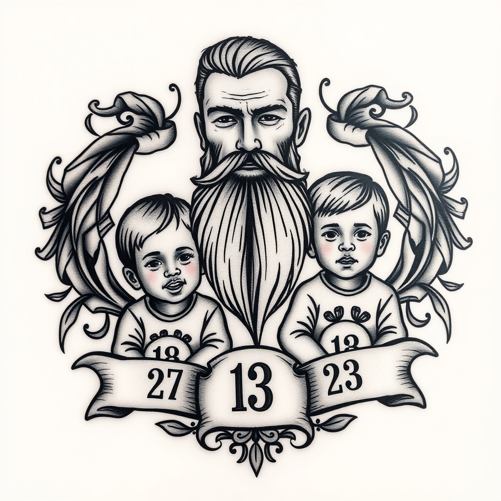 A tattoo design of A father with a goatee protecting his 3 kids showing their birthdays in the style of traditional. - family portrait tattoo design generated by AI tattoo generator