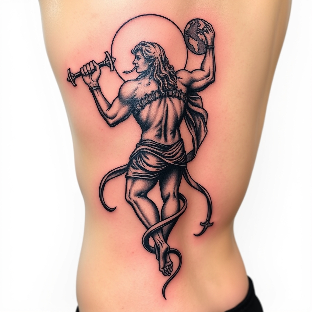 A tattoo design of Atlas holding the world, twisted, down spine in the style of realistic. - mythology tattoo design generated by AI tattoo generator