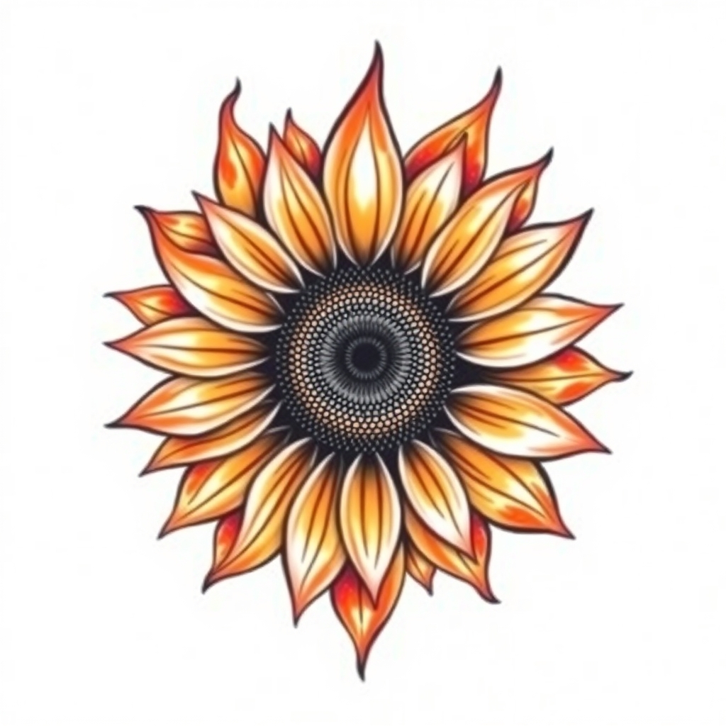 A tattoo design of Sunflower but with flames for petals in the style of realistic. - flower tattoo design generated by AI tattoo generator