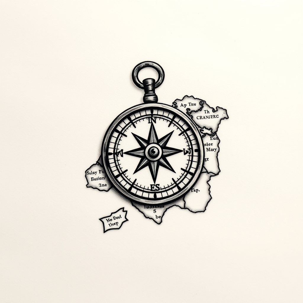 A tattoo design of antique compass on small treassure map in the style of blackwork. - navigation tools tattoo design generated by AI tattoo generator