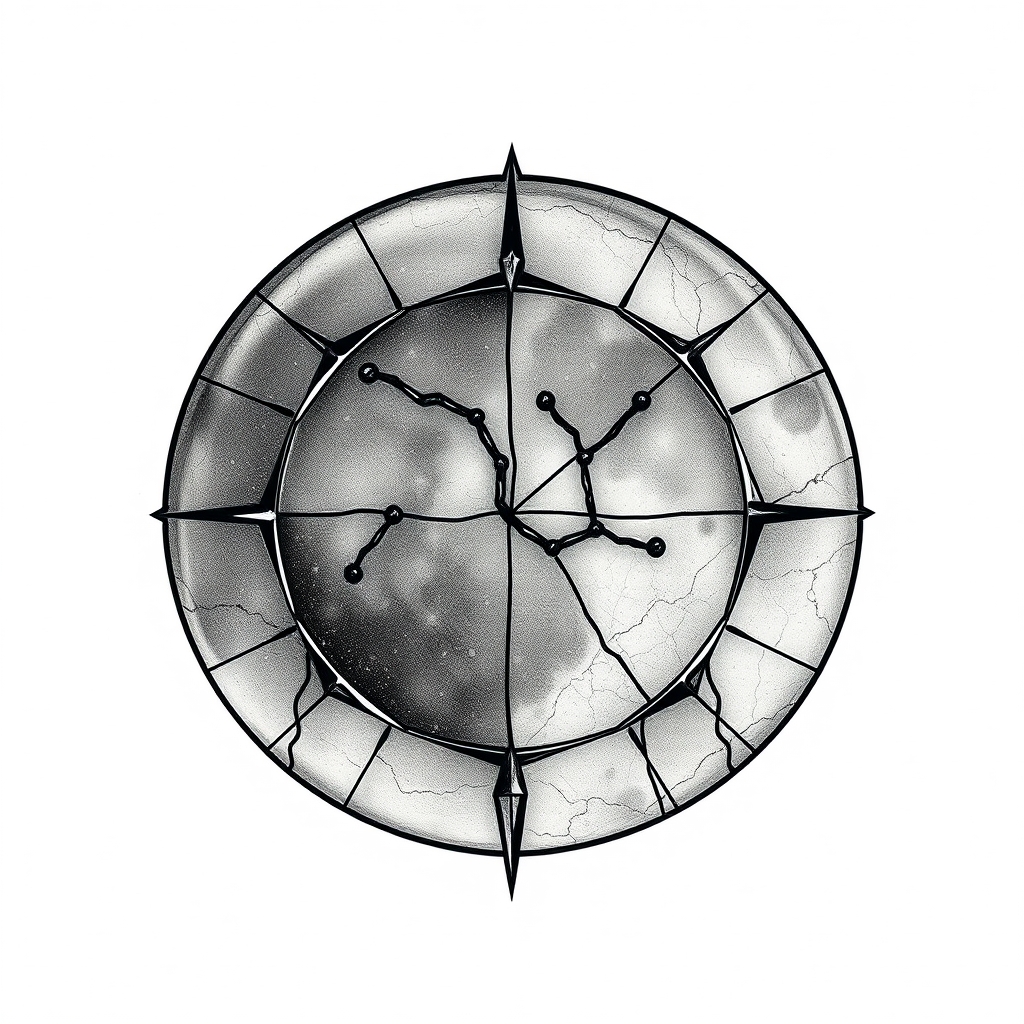 A tattoo design of Aquarius constellation in broken glass with the moon behind it in the style of realistic. - astrology astronomy tattoo design generated by AI tattoo generator