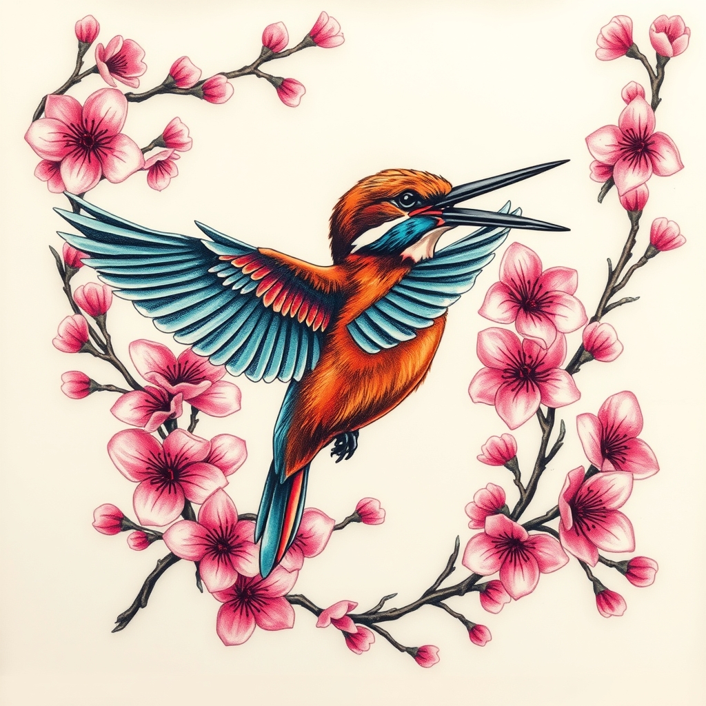 A tattoo design of Kingfisher in flight surrounded by cherry blossoms in colour in the style of surrealistic. - birds and flowers tattoo design generated by AI tattoo generator