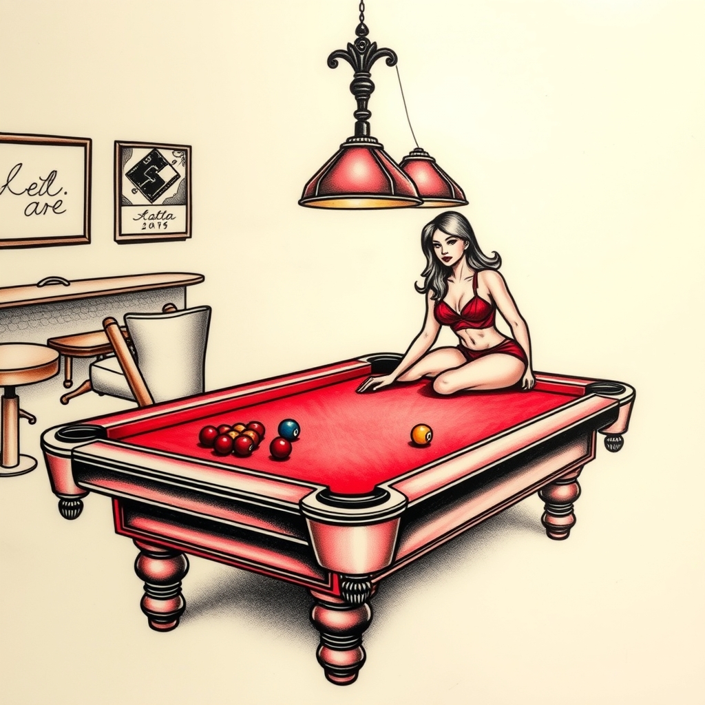 A tattoo design of Hot wife pool table in the style of realistic. - erotic art tattoo design generated by AI tattoo generator