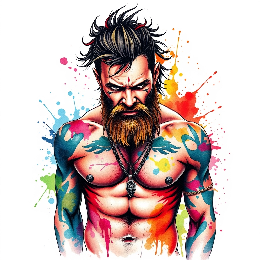 A tattoo design of Colourful macho man Randy savage tattoo with lots of bright colour water splashes in the style of watercolor. - wrestling personality tattoo design generated by AI tattoo generator