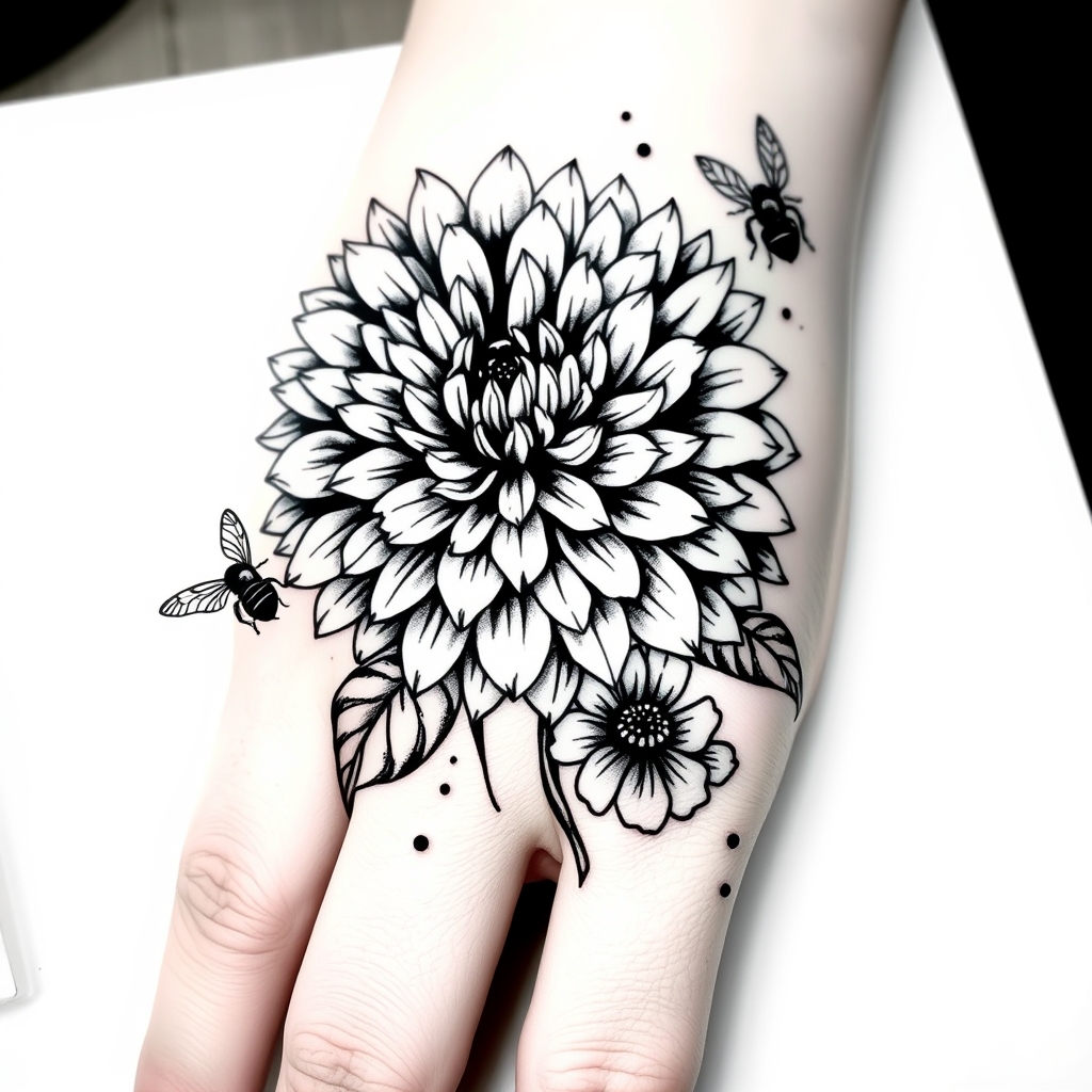 A tattoo design of Black and white half sleeve and hand, Chrysanthemum in cursive, bees, blooming Chrysanthemum in the style of abstract. - flowers and insects tattoo design generated by AI tattoo generator