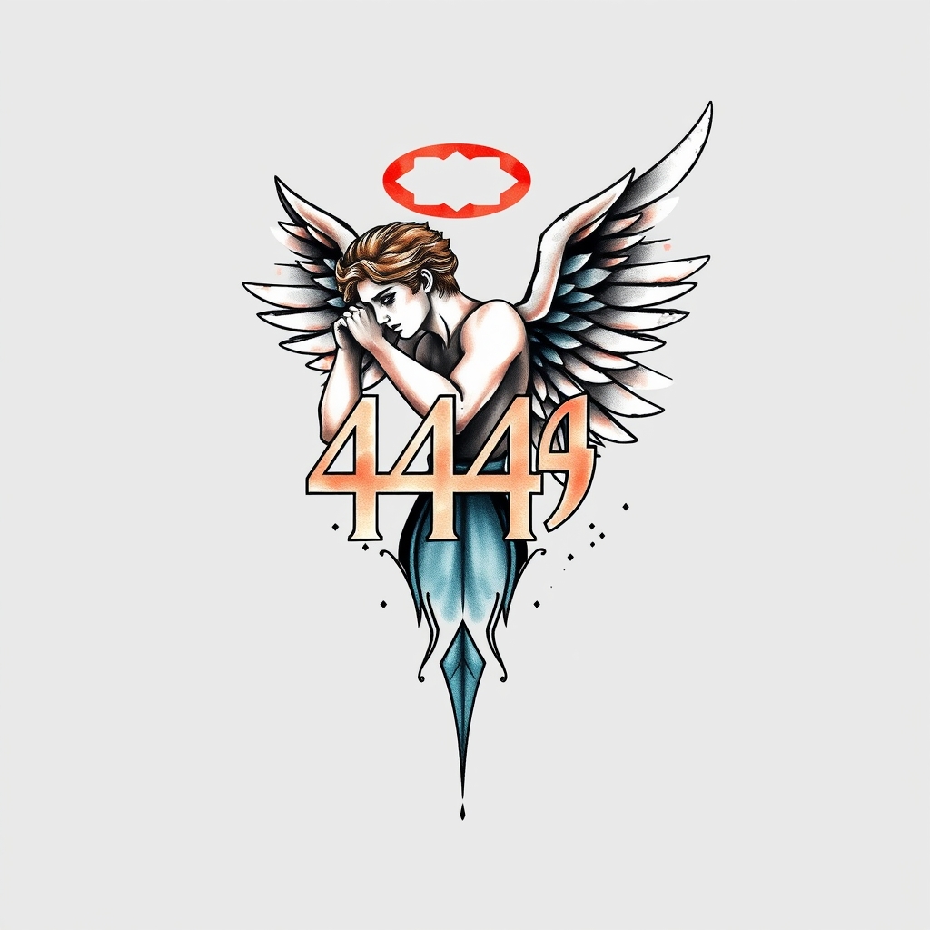 A tattoo design of Masculine angel with the number 444 in the style of watercolor. - angels tattoo design generated by AI tattoo generator