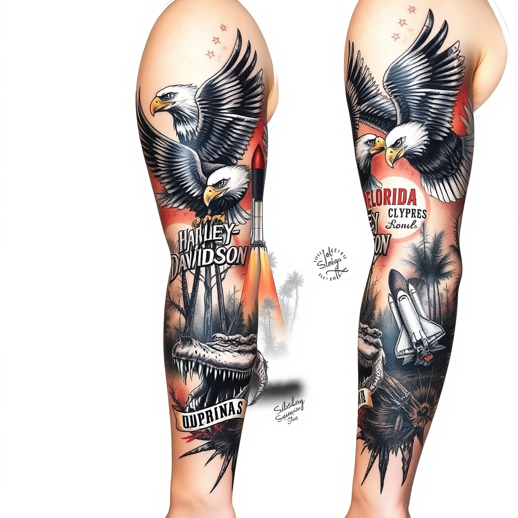 A tattoo design of Right arm full sleeve with the upper containing Harley Davidson theme with eagles mixed with the lower of Florida cypress swamp theme with alligator and space shuttle launch in the background  in the style of realistic. - motorcycle and wildlife tattoo design generated by AI tattoo generator