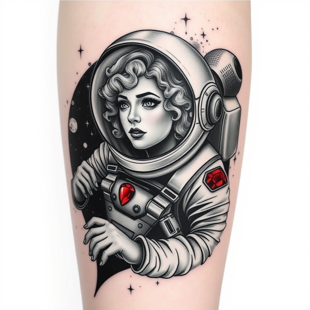 A tattoo design of Photorealistic black and grey space themed tattoo of light curly-haired female traveling through space. A bright red ruby, being the only color in yhe tattoo, shines red on her space suit. Include a Houston, Texas reference if possible.  in the style of abstract. - space travel tattoo design generated by AI tattoo generator